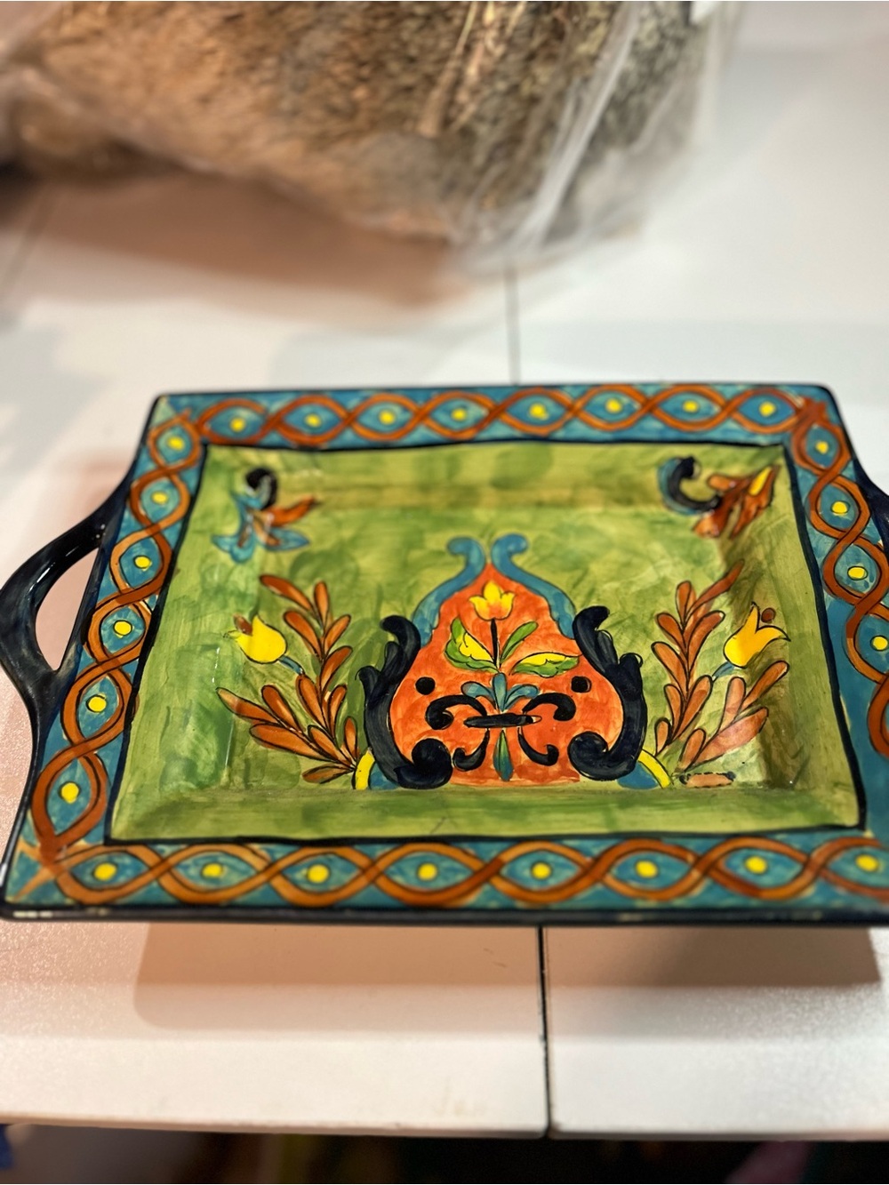Televera Hand-Painted Green Floral Ceramic Serving Tray